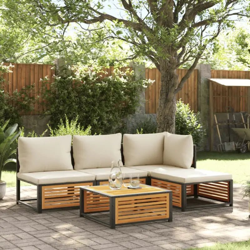 Loungebank van massief acaciahout en gepoedercoat staal voor comfort - Crème / hoek + 2x midden + voetensteun + Tafel