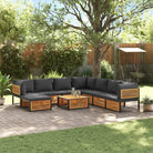 Loungebank van massief acaciahout en gepoedercoat staal voor comfort - Antraciet / 3x hoek + 4x midden + voetensteun