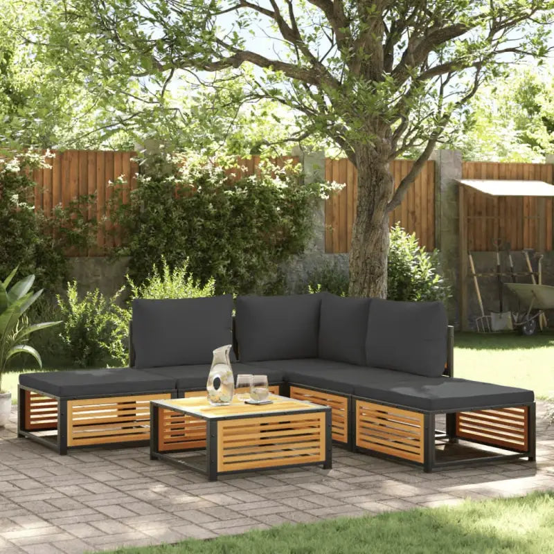 Loungebank van massief acaciahout en gepoedercoat staal voor comfort - Antraciet / hoek + 2x midden + 2x voetensteun