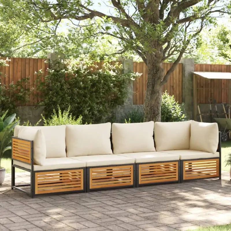 Loungebank van massief acaciahout en gepoedercoat staal voor comfort - Crème / Vierzitsbank - Tuinsets