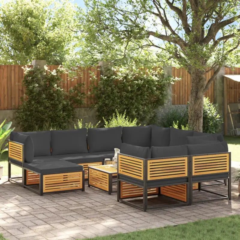 Loungebank van massief acaciahout en gepoedercoat staal voor comfort - Antraciet / 5x hoek + 3x midden + voetensteun