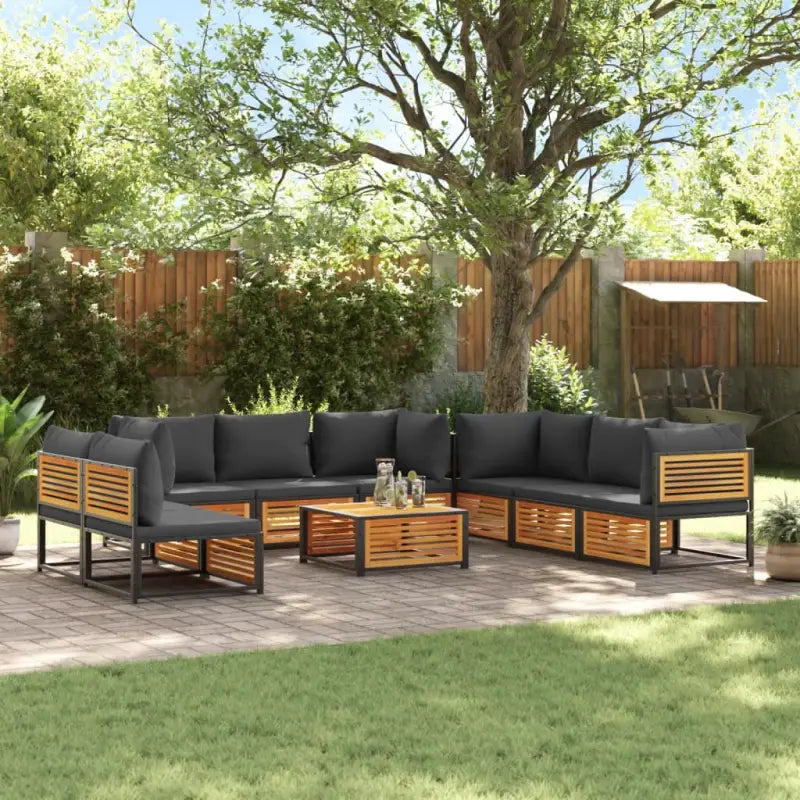 Loungebank van massief acaciahout en gepoedercoat staal voor comfort - Antraciet / 4x hoek + 4x midden + Tafel
