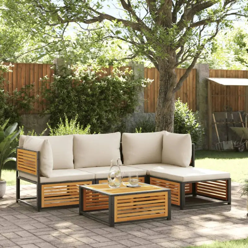 Loungebank van massief acaciahout en gepoedercoat staal voor comfort - Crème / 2x hoek + midden + voetensteun + Tafel