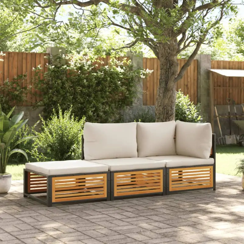 Loungebank van massief acaciahout en gepoedercoat staal voor comfort - Crème / hoek + midden + voetensteun - Tuinsets