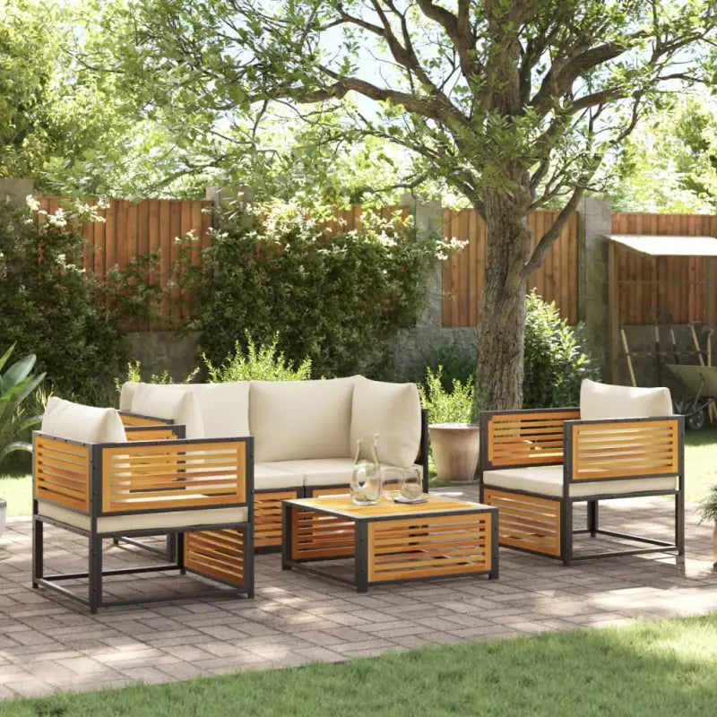 Loungebank van massief acaciahout en gepoedercoat staal voor comfort - Crème / 2x hoek + Fauteuil + Tafel - Tuinsets