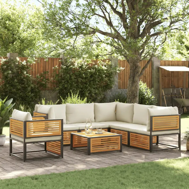 Loungebank van massief acaciahout en gepoedercoat staal voor comfort - Crème / 3x hoek + Fauteuil + 2x midden + Tafel