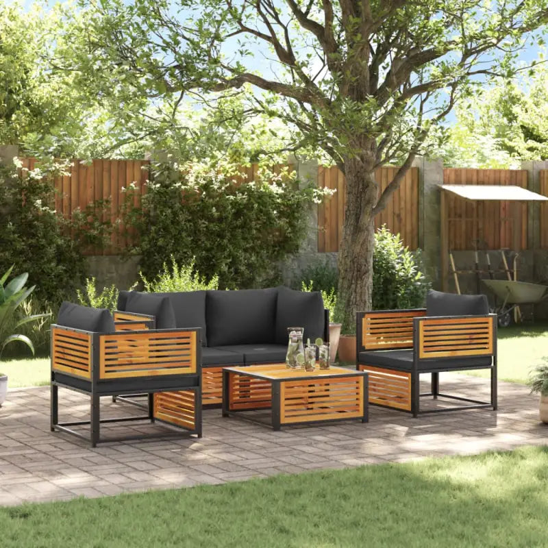 Loungebank van massief acaciahout en gepoedercoat staal voor comfort - Antraciet / 2x hoek + Fauteuil + Tafel - Tuinsets