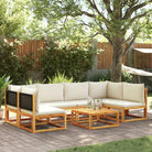 Loungebank van massief acaciahout met kleur per rattan en comfortabele rugkussens - Zwart en crème / 2x hoek + 4x