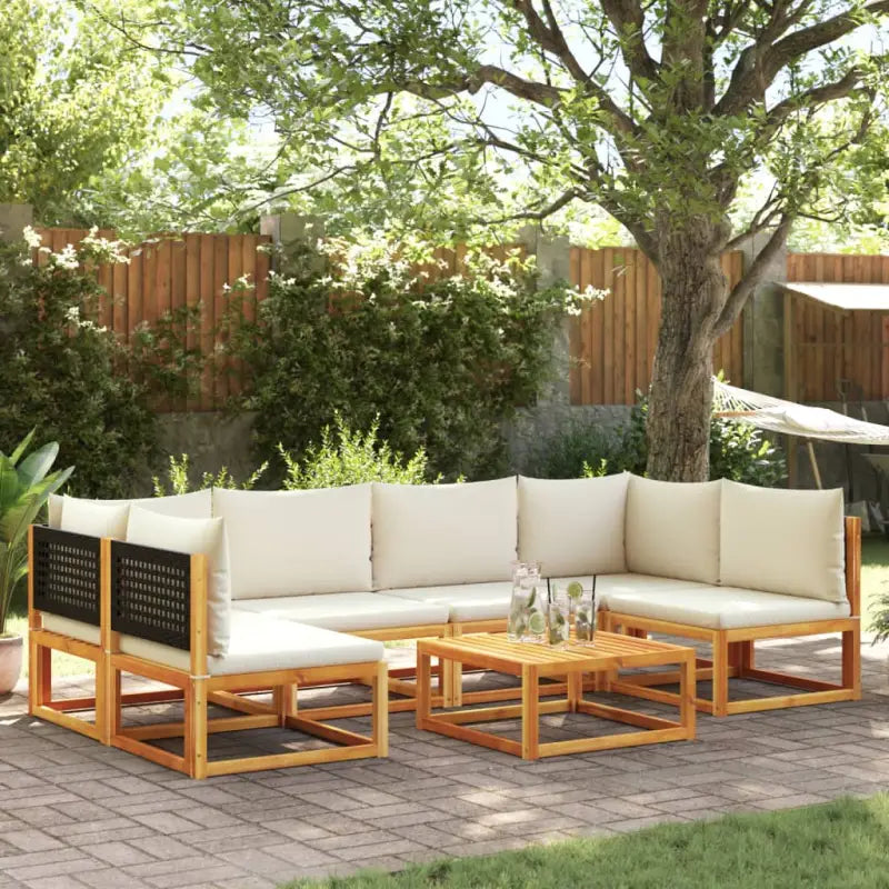 Loungebank van massief acaciahout met kleur per rattan en comfortabele rugkussens - Zwart en crème / 2x hoek + 4x