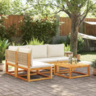 Loungebank van massief acaciahout met kleur per rattan en comfortabele rugkussens - beige en crèmekleurig / hoek + 3x