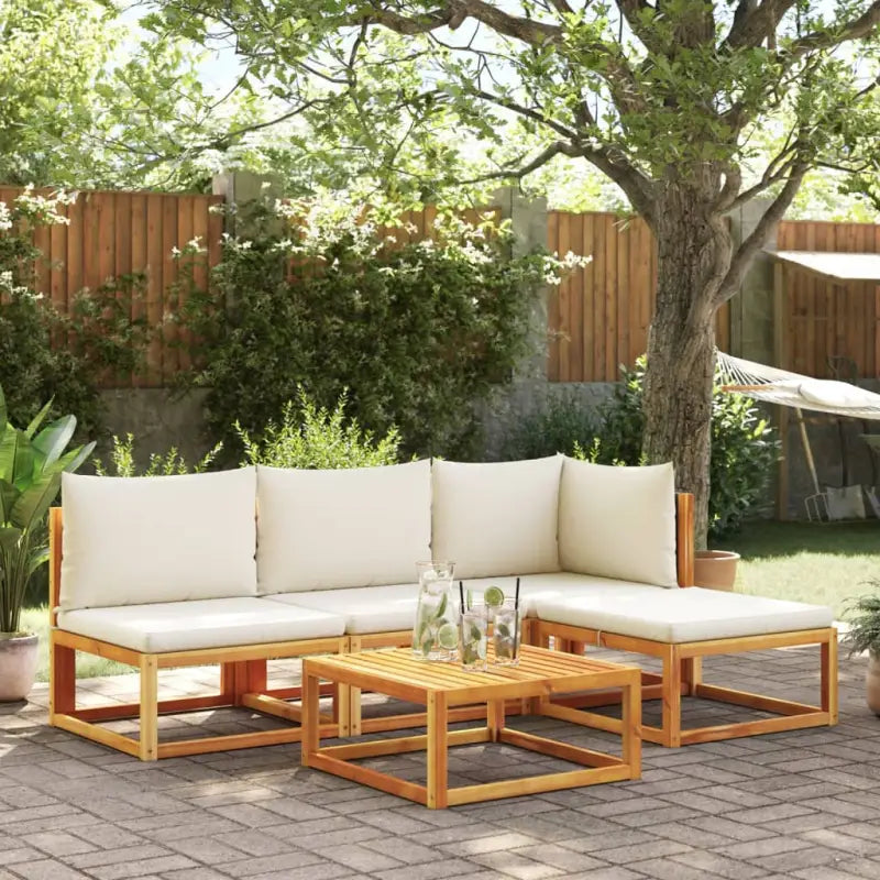 Loungebank van massief acaciahout met kleur per rattan en comfortabele rugkussens - Zwart en crème / hoek + 2x midden