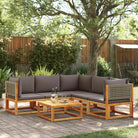 Loungebank van massief acaciahout met kleur per rattan en comfortabele rugkussens - Grijs / 3x hoek + 2x midden + Tafel
