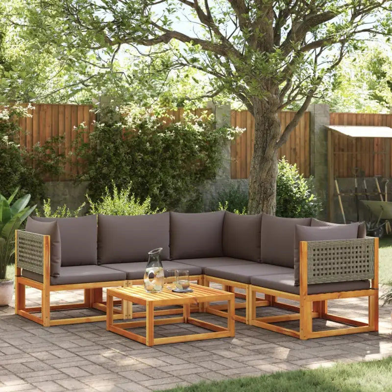 Loungebank van massief acaciahout met kleur per rattan en comfortabele rugkussens - Grijs / 3x hoek + 2x midden + Tafel