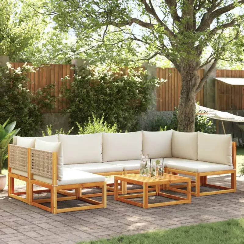 Loungebank van massief acaciahout met kleur per rattan en comfortabele rugkussens - beige en crèmekleurig / 2x hoek