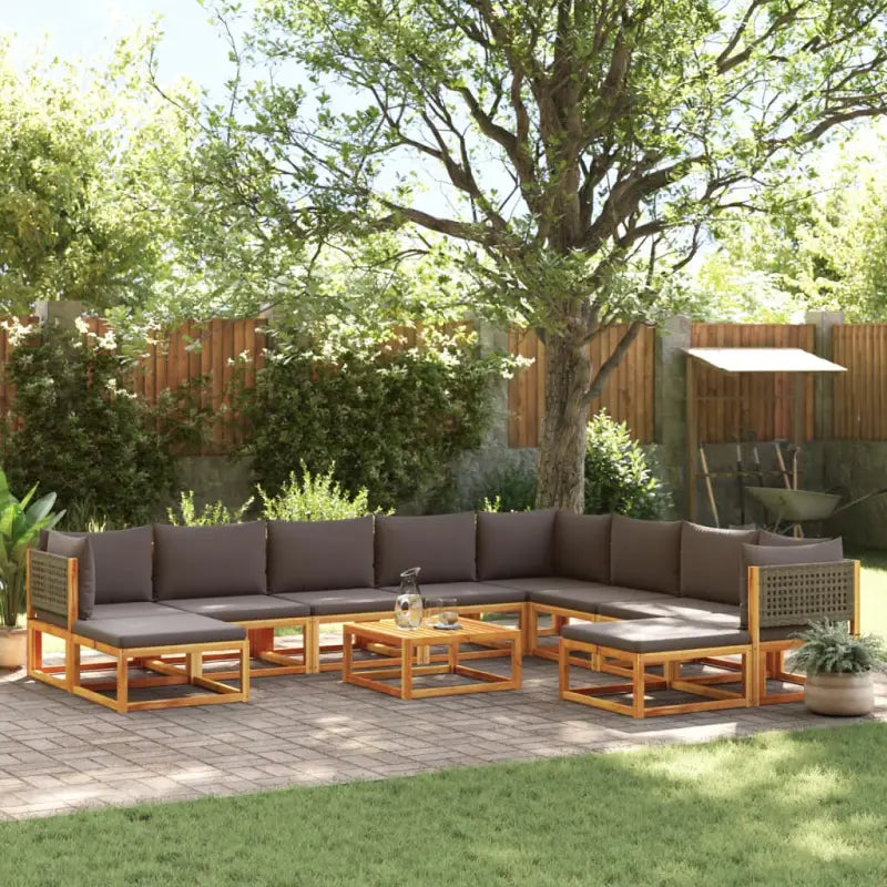 Loungebank van massief acaciahout met kleur per rattan en comfortabele rugkussens - Grijs / 3x hoek + 5x midden + 2x