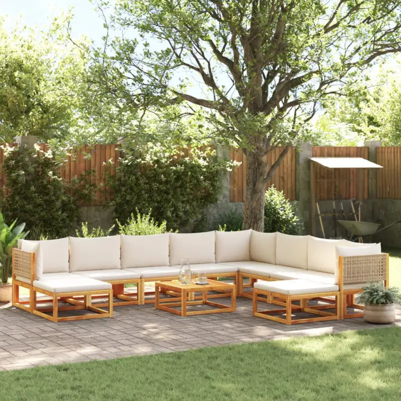 Loungebank van massief acaciahout met kleur per rattan en comfortabele rugkussens - beige en crèmekleurig / 3x hoek