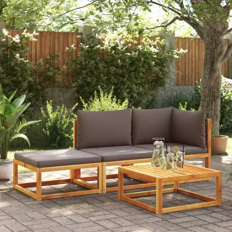 Loungebank van massief acaciahout met kleur per rattan en comfortabele rugkussens - Grijs / hoek + midden + voetensteun