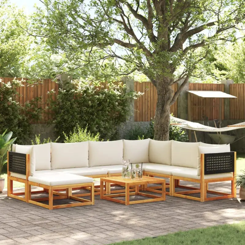 Loungebank van massief acaciahout met kleur per rattan en comfortabele rugkussens - Zwart en crème / 3x hoek + 3x