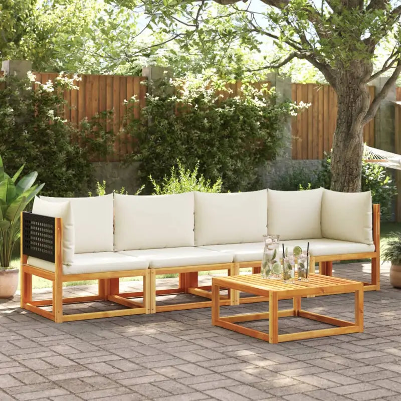 Loungebank van massief acaciahout met kleur per rattan en comfortabele rugkussens - Zwart en crème / 4- seater