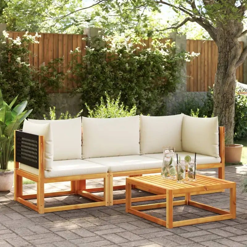 Loungebank van massief acaciahout met kleur per rattan en comfortabele rugkussens - Zwart en crème / Driezitsbank