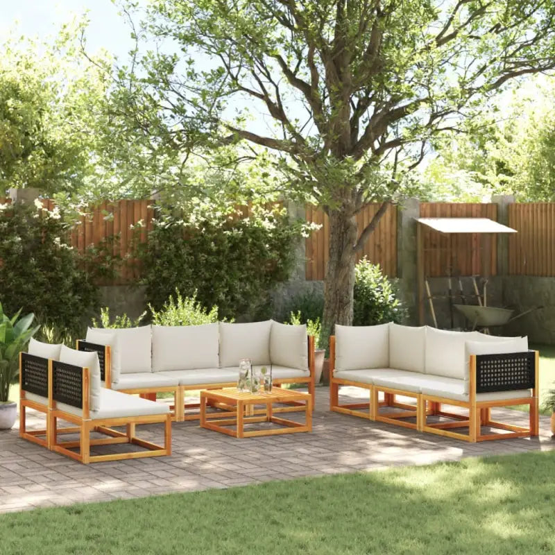 Loungebank van massief acaciahout met kleur per rattan en comfortabele rugkussens - Zwart en crème / 4x hoek + 4x