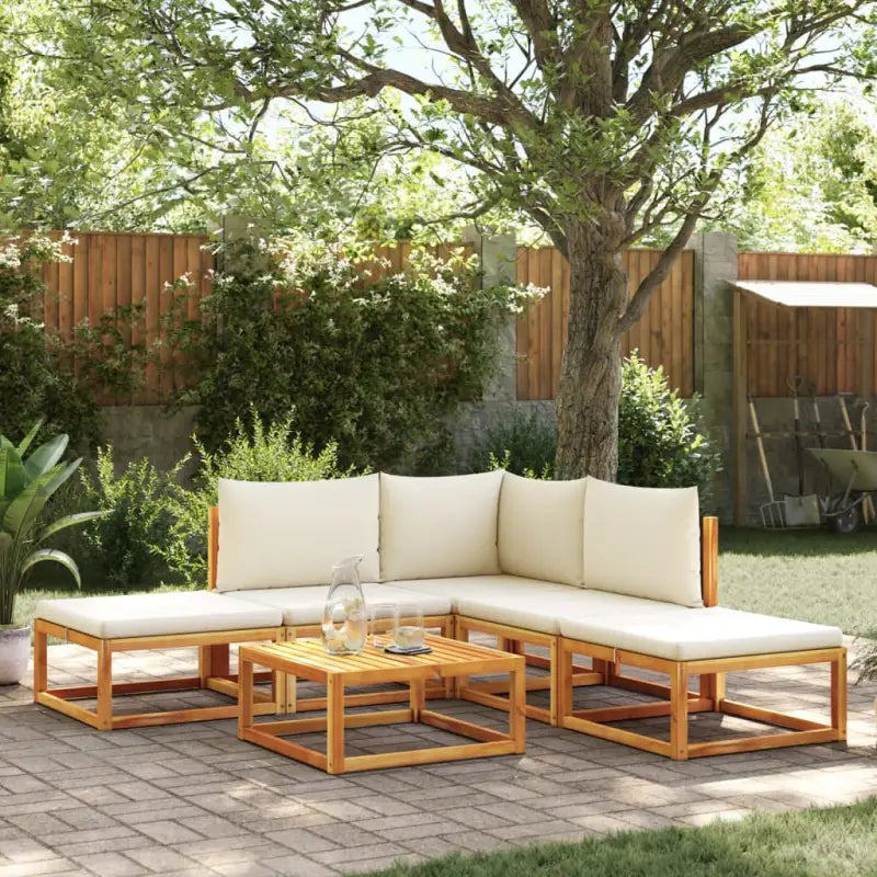 Loungebank van massief acaciahout met kleur per rattan en comfortabele rugkussens - Zwart en crème / hoek + 2x midden