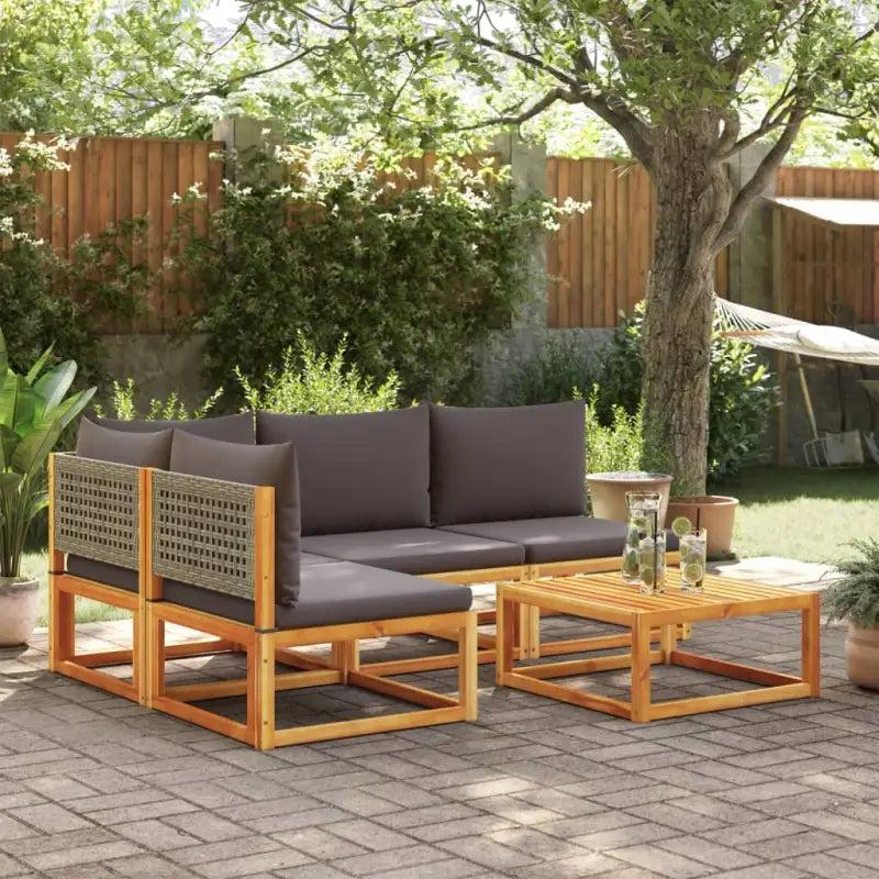 Loungebank van massief acaciahout met kleur per rattan en comfortabele rugkussens - Grijs / hoek + 3x midden + Tafel