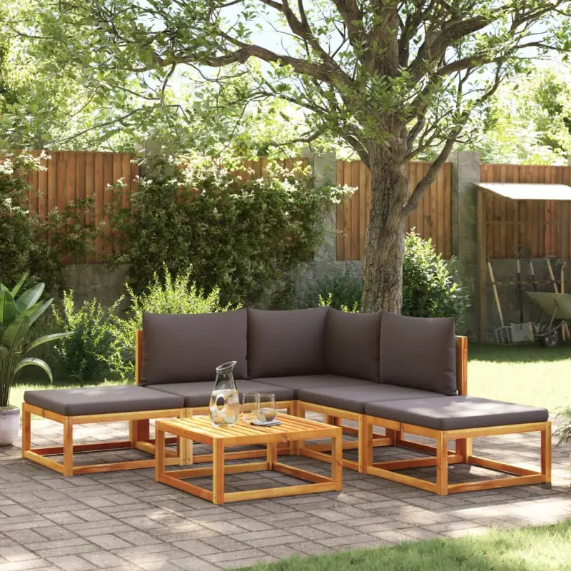 Loungebank van massief acaciahout met kleur per rattan en comfortabele rugkussens - Grijs / hoek + 2x midden + 2x