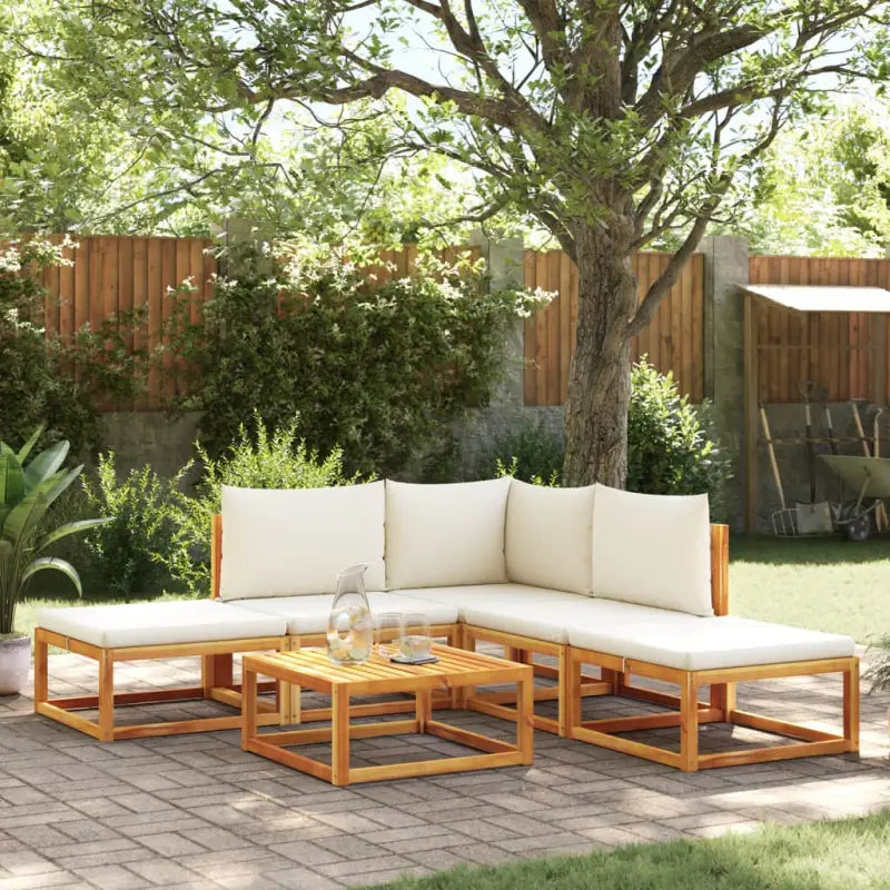 Loungebank van massief acaciahout met kleur per rattan en comfortabele rugkussens - beige en crèmekleurig / hoek + 2x
