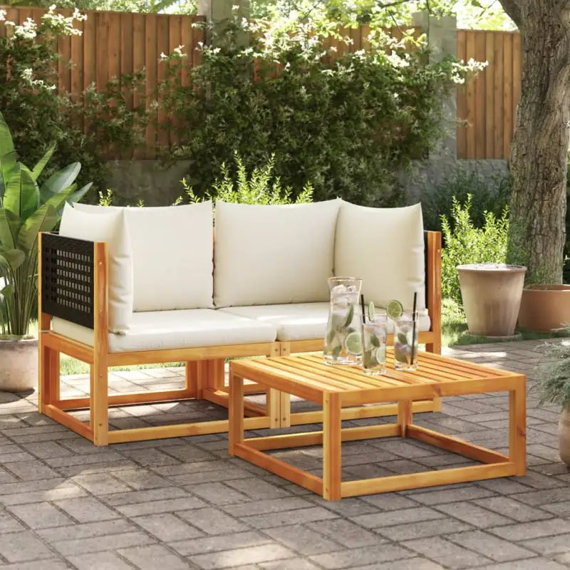 Loungebank van massief acaciahout met kleur per rattan en comfortabele rugkussens - Zwart en crème / Tweezitsbank