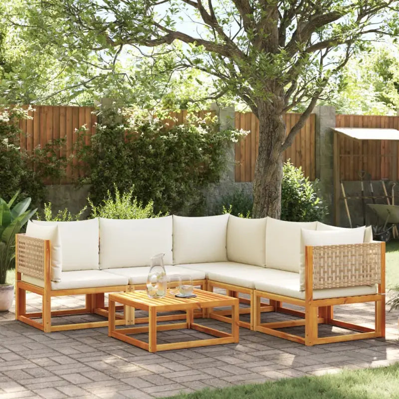 Loungebank van massief acaciahout met kleur per rattan en comfortabele rugkussens - beige en crèmekleurig / 3x hoek