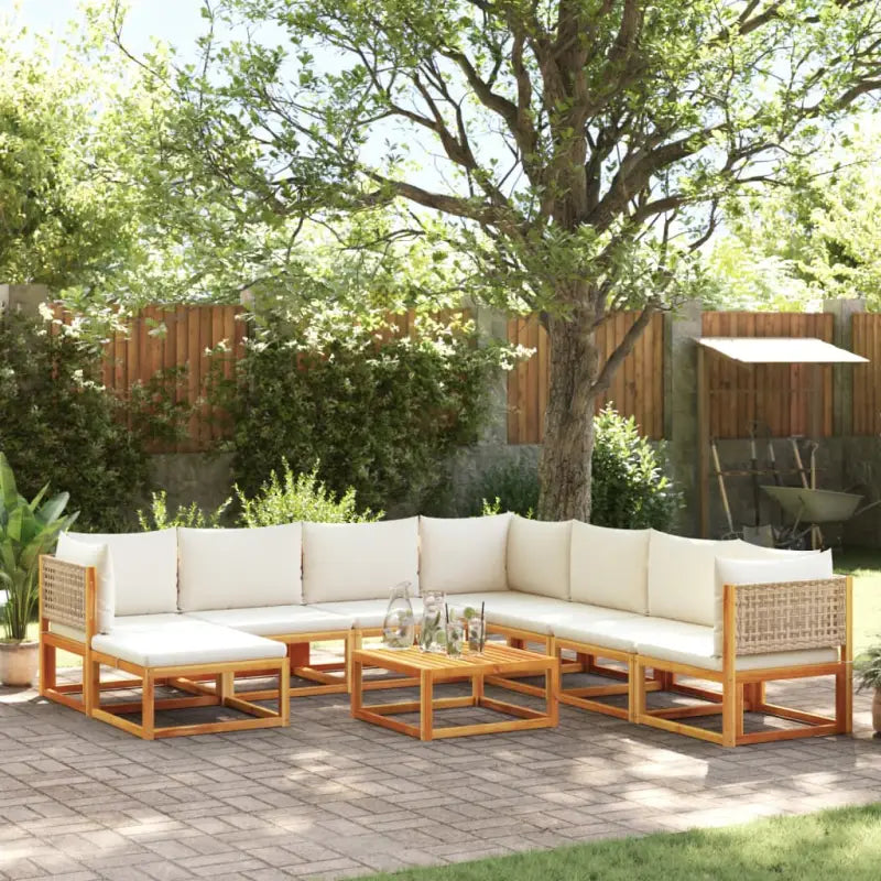 Loungebank van massief acaciahout met kleur per rattan en comfortabele rugkussens - beige en crèmekleurig / 3x hoek