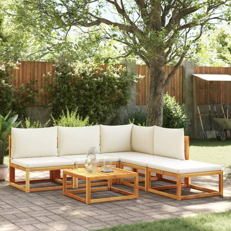 Loungebank van massief acaciahout met kleur per rattan en comfortabele rugkussens - beige en crèmekleurig / hoek + 3x