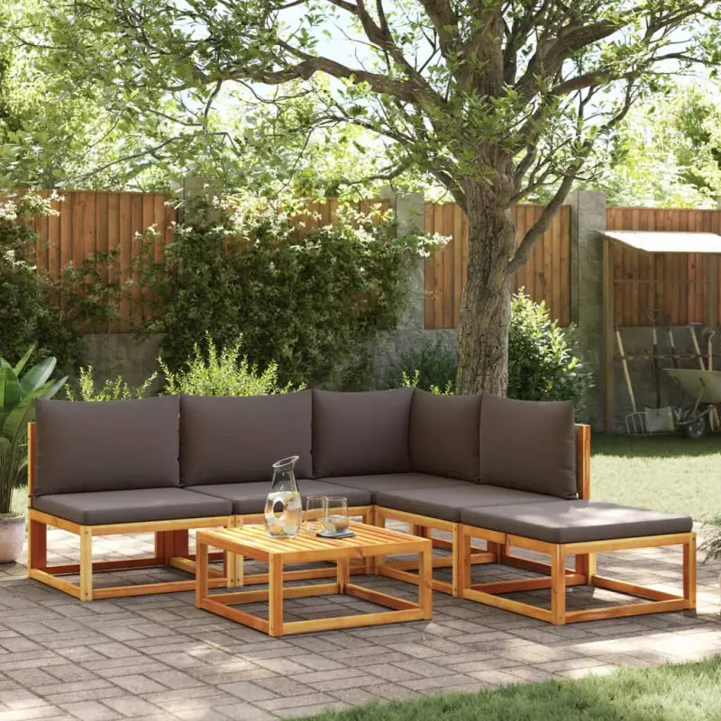 Loungebank van massief acaciahout met kleur per rattan en comfortabele rugkussens - Grijs / hoek + 3x midden