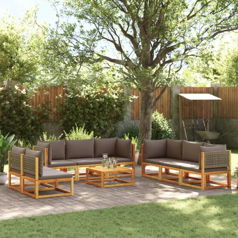Loungebank van massief acaciahout met kleur per rattan en comfortabele rugkussens - Grijs / 4x hoek + 4x midden + Tafel