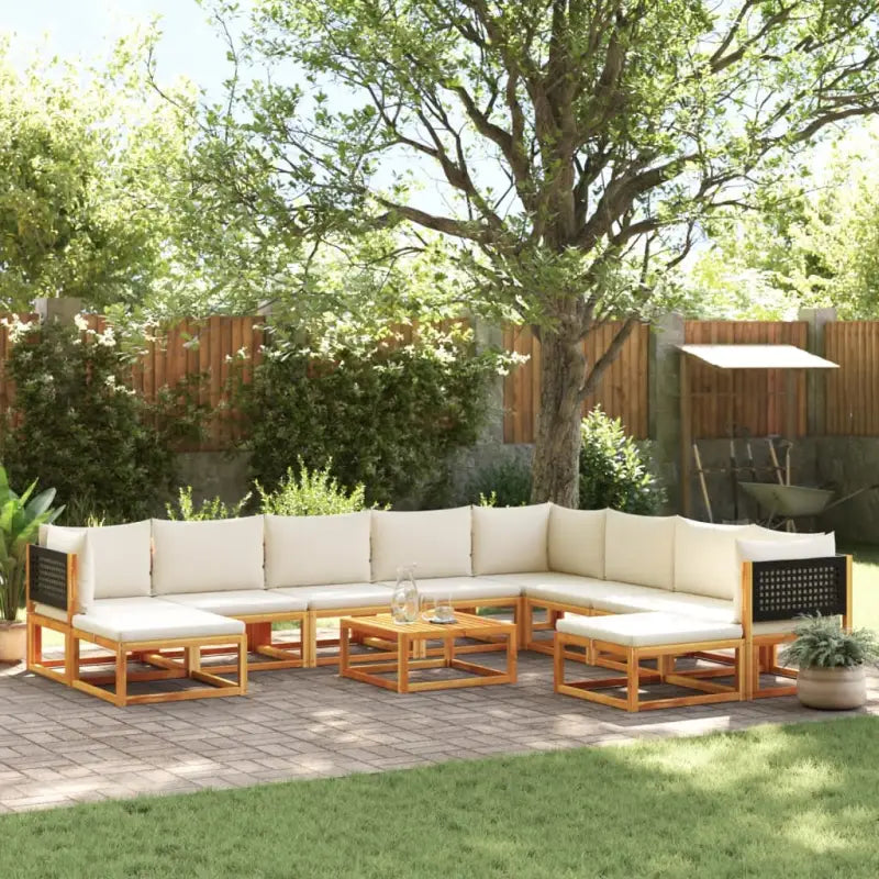 Loungebank van massief acaciahout met kleur per rattan en comfortabele rugkussens - Zwart en crème / 3x hoek + 5x