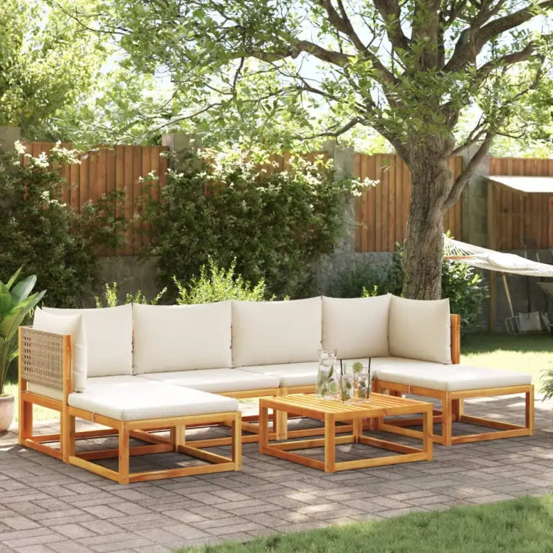 Loungebank van massief acaciahout met kleur per rattan en comfortabele rugkussens - beige en crèmekleurig / 2x hoek