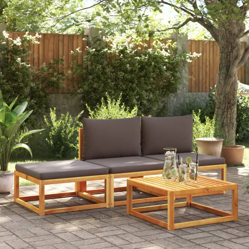Loungebank van massief acaciahout met kleur per rattan en comfortabele rugkussens - Grijs / 2x midden + voetensteun