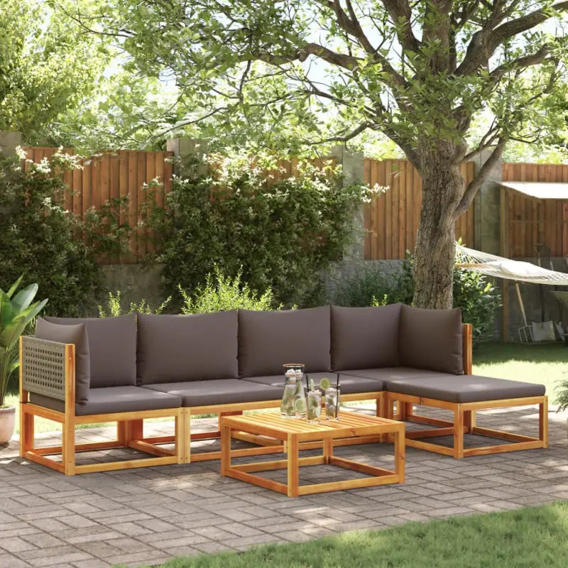 Loungebank van massief acaciahout met kleur per rattan en comfortabele rugkussens - Grijs / 2x hoek + 2x midden