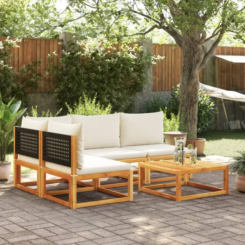 Loungebank van massief acaciahout met kleur per rattan en comfortabele rugkussens - Zwart en crème / hoek + 3x midden
