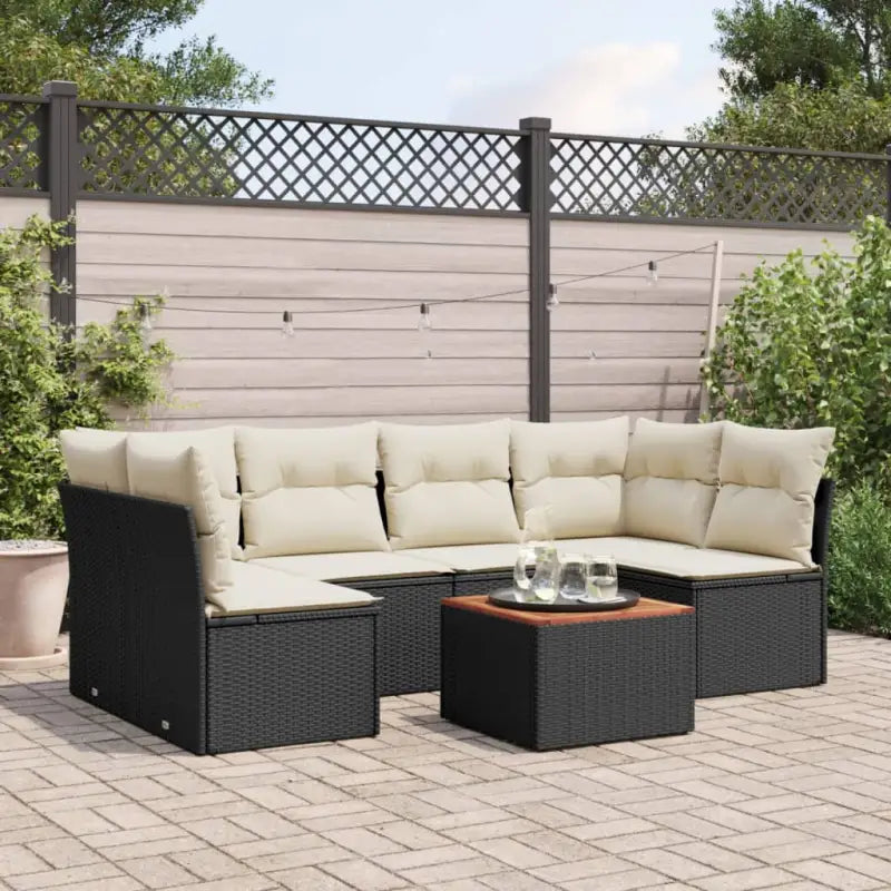 Loungebank van poly rattan en gepoedercoat staal voor tuin of terras - Zwart en crème / 2x corner + table + 4x middle