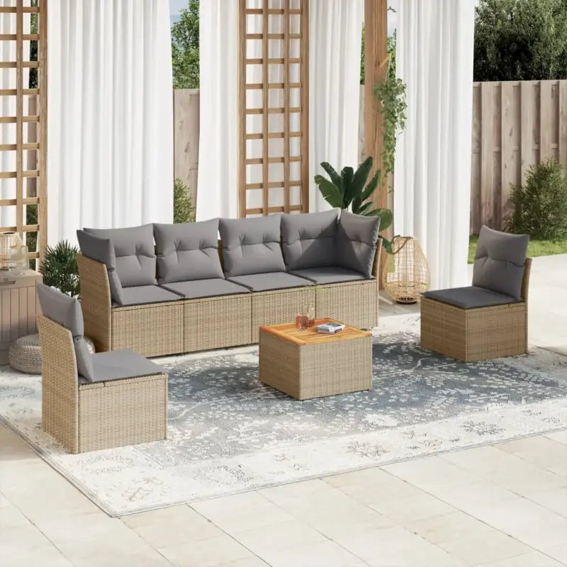 Loungebank van poly rattan en gepoedercoat staal voor tuin of terras - Beige en grijs / 4x midden + Tafel + 2x hoek
