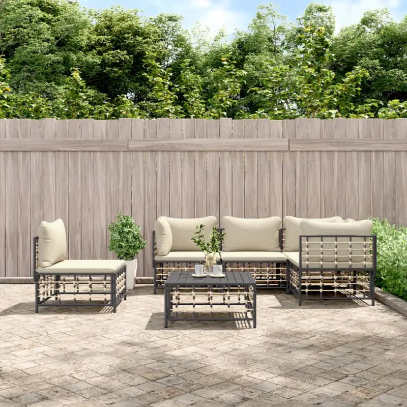 Loungebank van poly rattan met antraciet materiaal en gepoedercoat staal - 1 / Beige / 3x hoek + 2x midden + Tafel