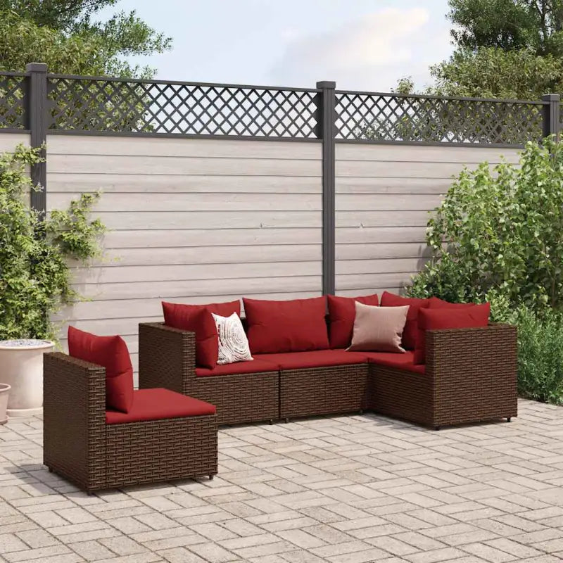 Loungebank van poly rattan met gepoedercoat staal en afmetingen rugkussen - Bruin en rood / 3x hoek + 2x midden