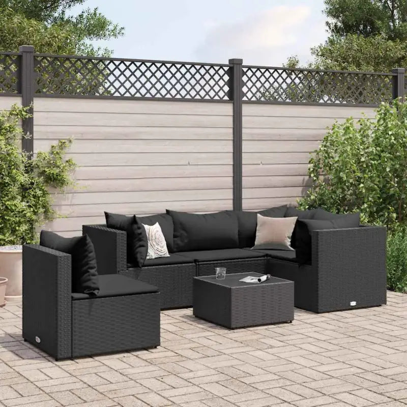 Loungebank van poly rattan met gepoedercoat staal en afmetingen rugkussen - Zwart / 3x hoek + 2x midden + Tafel