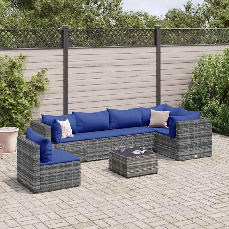 Loungebank van poly rattan met gepoedercoat staal en afmetingen rugkussen - Grijs en blauw / 3x hoek + 3x midden