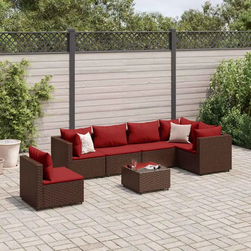Loungebank van poly rattan met gepoedercoat staal en afmetingen rugkussen - Bruin en rood / 3x hoek + 3x midden + Tafel