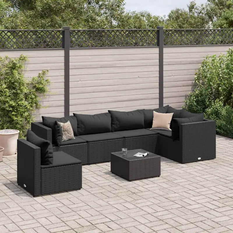 Loungebank van poly rattan met gepoedercoat staal en afmetingen rugkussen - Zwart / 3x hoek + 3x midden + Tafel