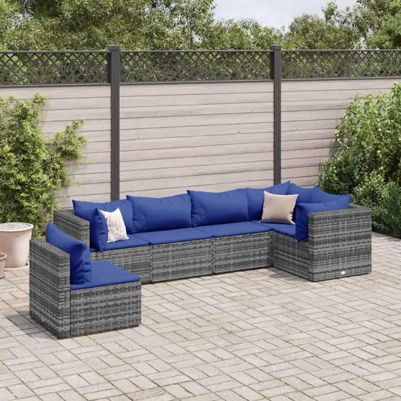 Loungebank van poly rattan met gepoedercoat staal en afmetingen rugkussen - Grijs en blauw / 3x hoek + 3x midden