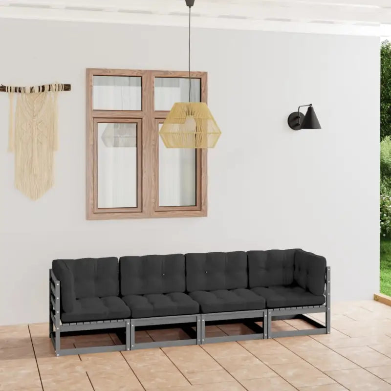 Loungebank voor 4 personen met massief grenenhout en rug zijkussens - Grijs / 1 / Ja - Loungebanken